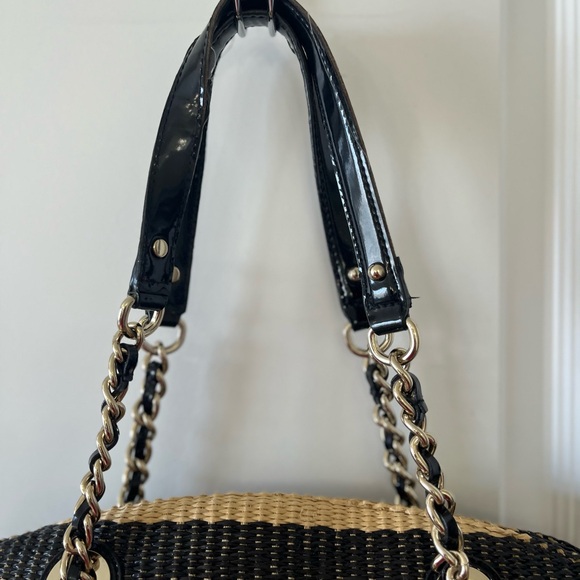 Kate Spade Black and Tan Wicker Straw Rattan Striped Tote - Picture 7 of 9